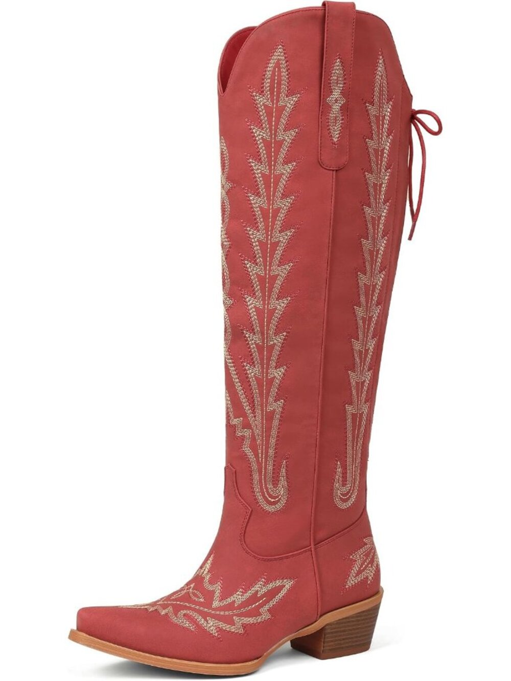 Women's Red Cowgirl Boot Knee High Embroidered Lace Up Western Pointed Toe Boot